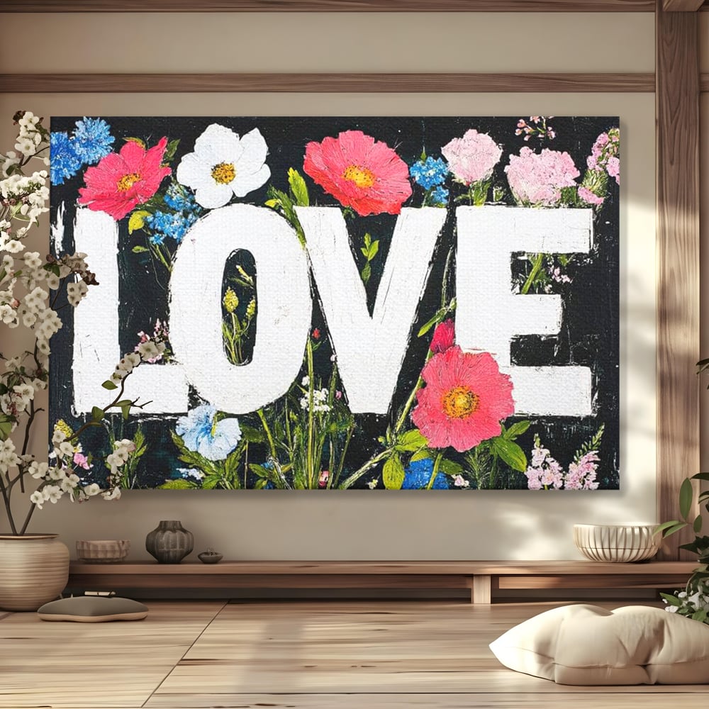 Tablou canvas cu tablou canvas cu flori si cuvantul love, fara rama, pe sasiu de lemn